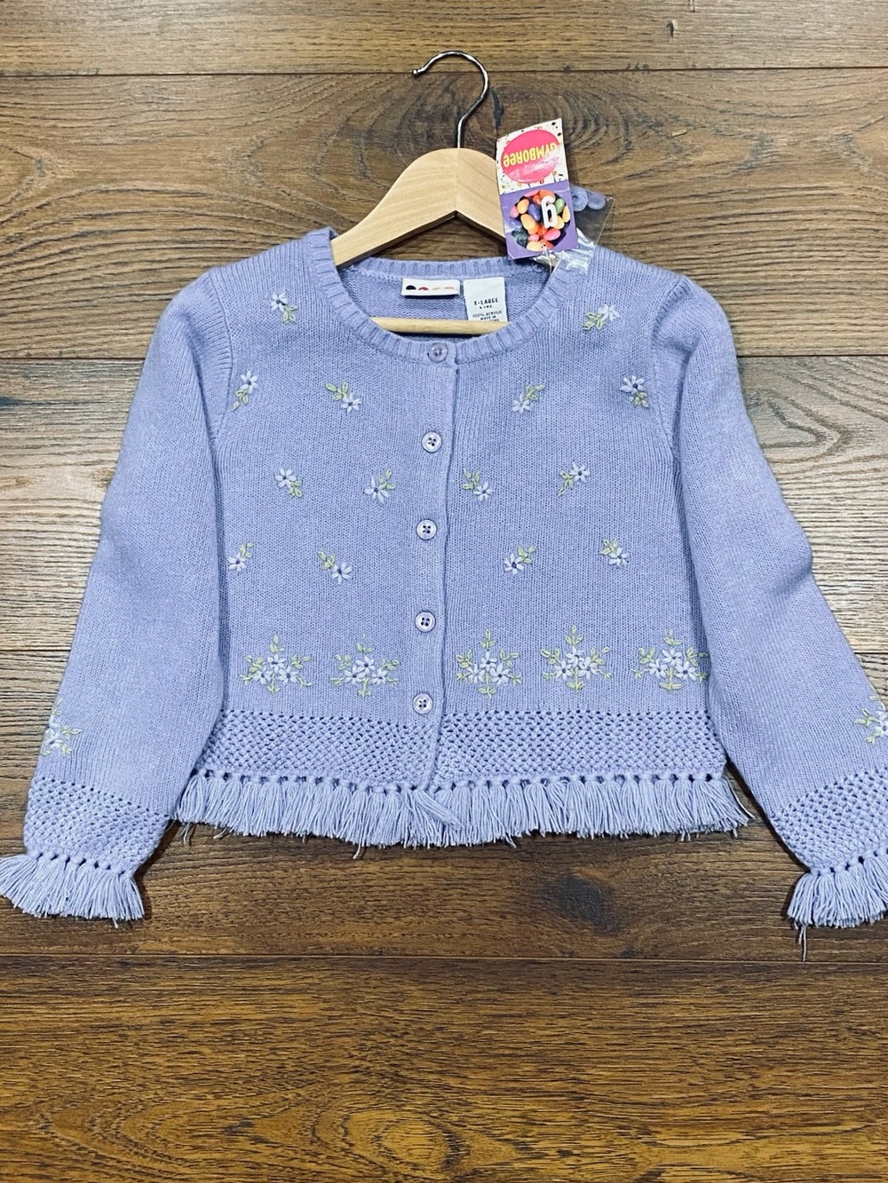 Vintage Gymboree Y2K ‘Well Mannered’ Lavender Fringe Trimmed Cardigan XL (6)